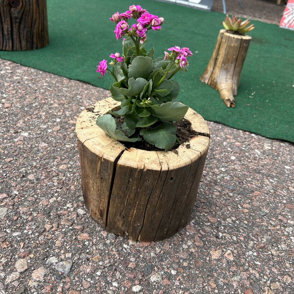 Rustic Brown Wooden Planter with Pink Flowers